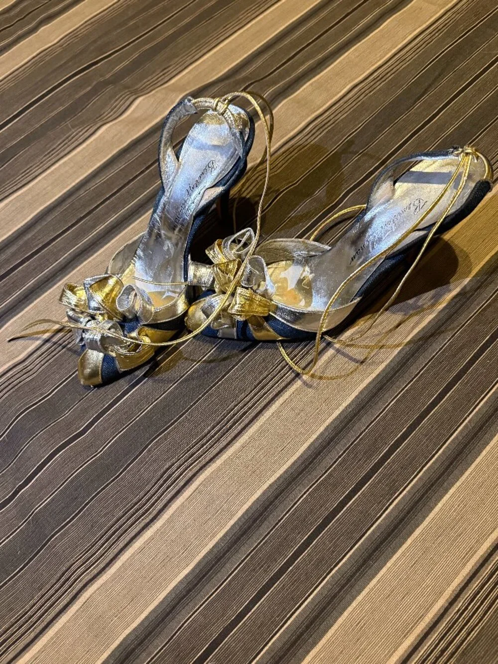 Vintage 80s Beverly Feldman Metallic Ankle-Tie Leather Spiral Heels Size 7
